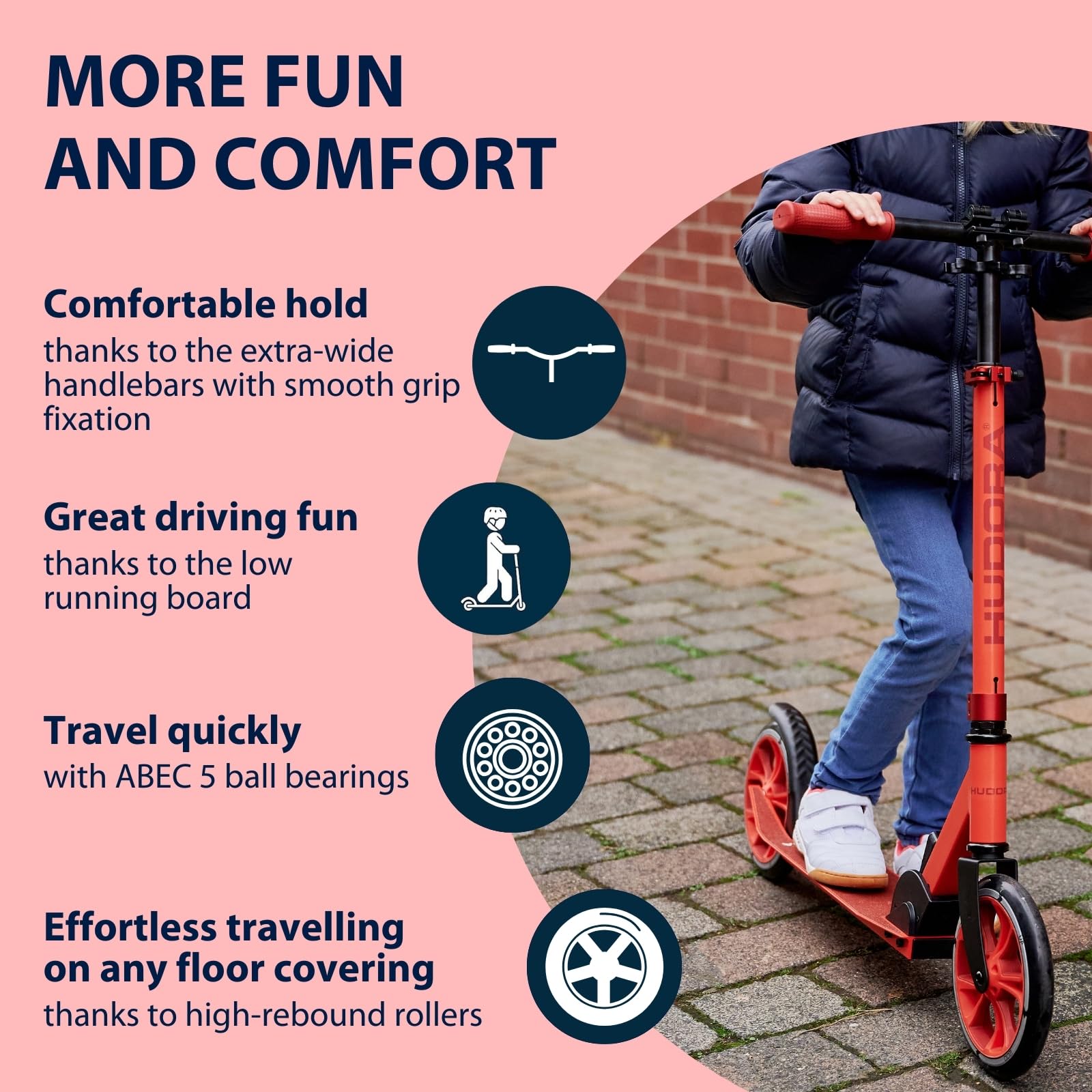 HUDORA Scooter Up 200 - Quiet aluminium scooter for up to 100kg - Adjustable in height & foldable kick scooter - Jolt-free kick scooter for children /