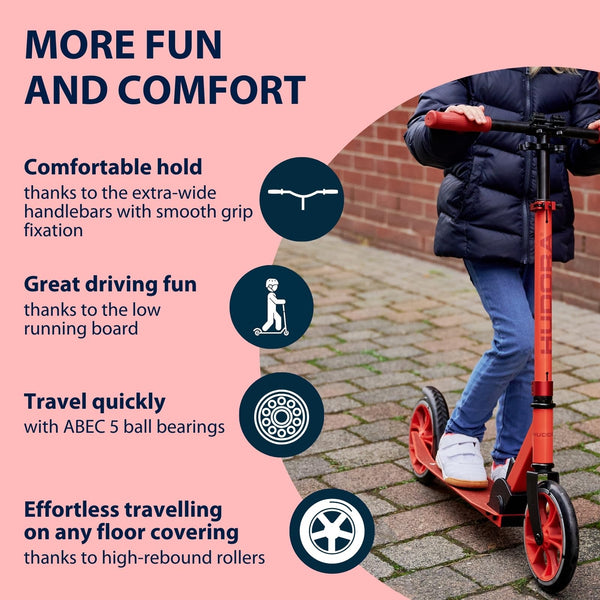 HUDORA Scooter Up 200 - Quiet aluminium scooter for up to 100kg - Adjustable in height & foldable kick scooter - Jolt-free kick scooter for children /