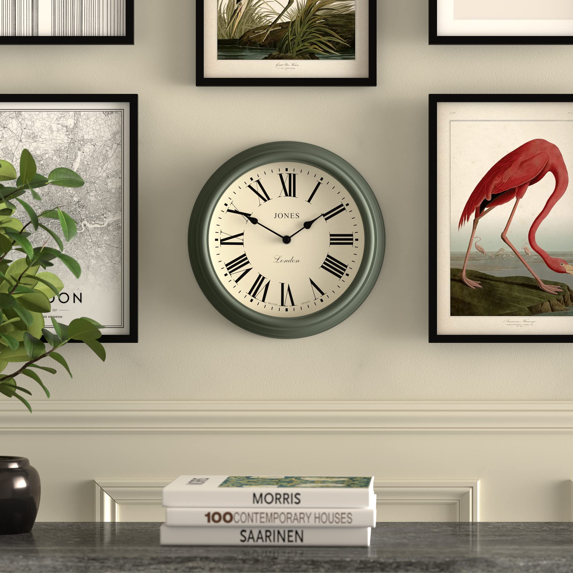 Jones Clocks Venetian wall clock | Classic round clock | 30cm | Green | Roman numerals | Traditional design ideal for kitchen, living room or bedroom