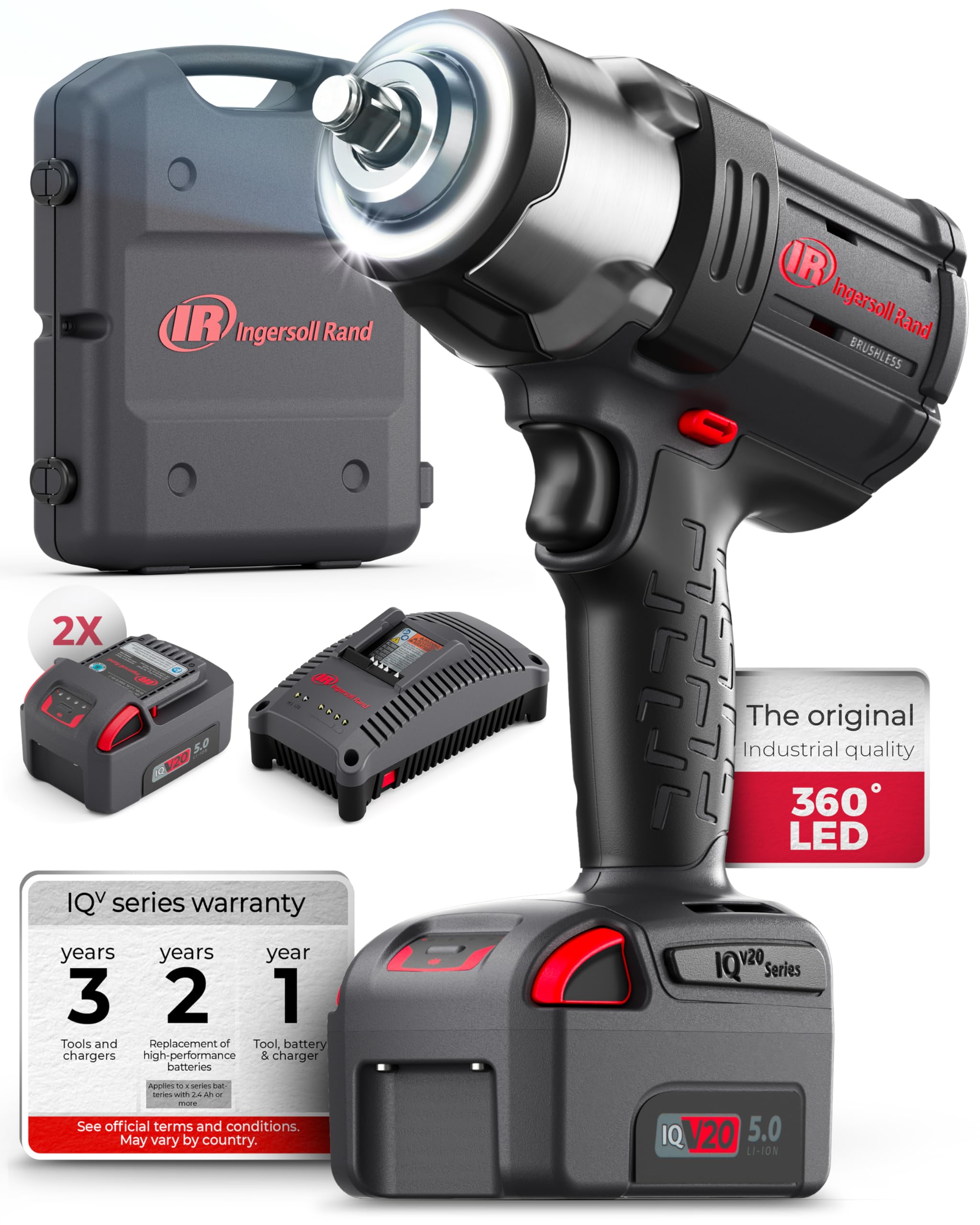 Ingersoll-Rand W7172-K22B-EU Impact Wrench, 3/4 Inch 20V Cordless Impact Wrench, 2X BL2022 Li-Ion Batteries 5.0 Ah + Charger Kit (UK Plug) in Case