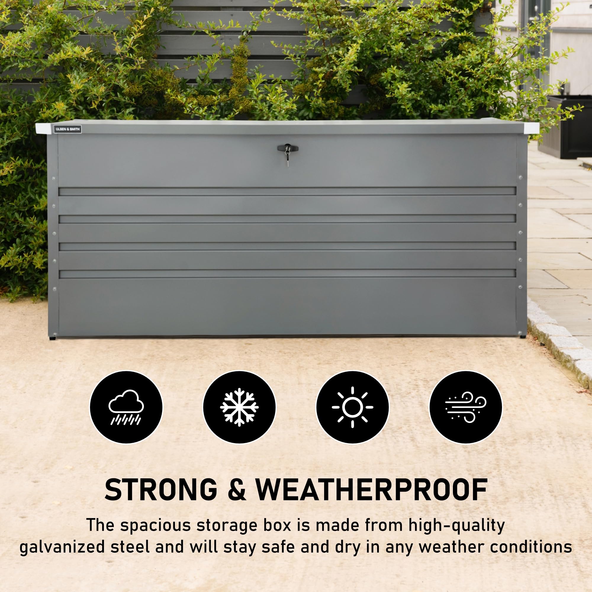 Olsen & Smith 1000L Extra Large XL Metal Outdoor Garden Storage Box - Weather Resistant Heavy Duty Garden Box with Built In Lock - Massive Capacity Storage Chest for Tools Cushions Toys & More, Grey