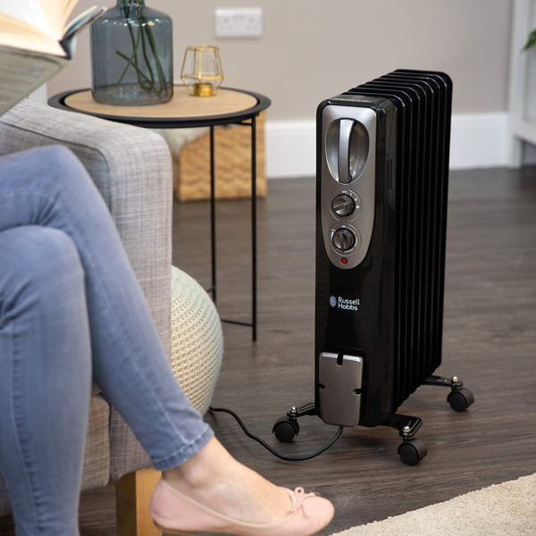 Russell Hobbs 1500W/1.5KW Oil Filled Radiator, 7 Fin Portable Electric Heater - White, Adjustable Thermostat with 3 Heat Settings, Safety Cut-off, 15 m sq Room Size, RHOFR5001, 2 Year Guarantee