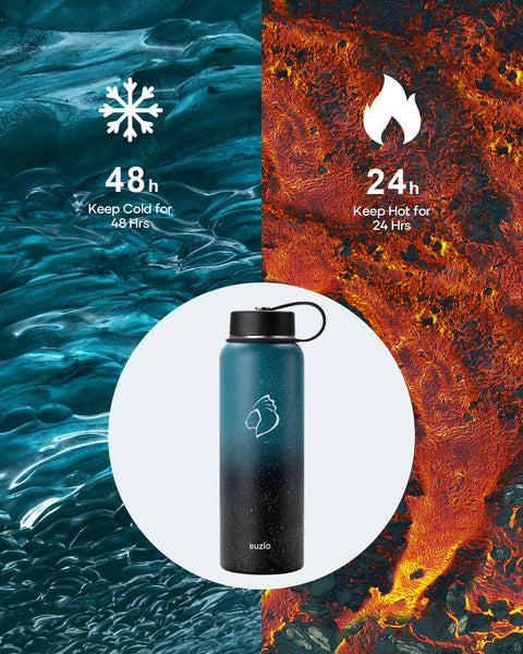 Stainless Steel Water Bottle 2L, BUZIO Vacuum Insulated Water Bottle with Straw Lid and Flex Cap Cold for 48 Hrs, Hot for 24 Hrs Double Wall Wide Mouth BPA Free Leak Proof, Black
