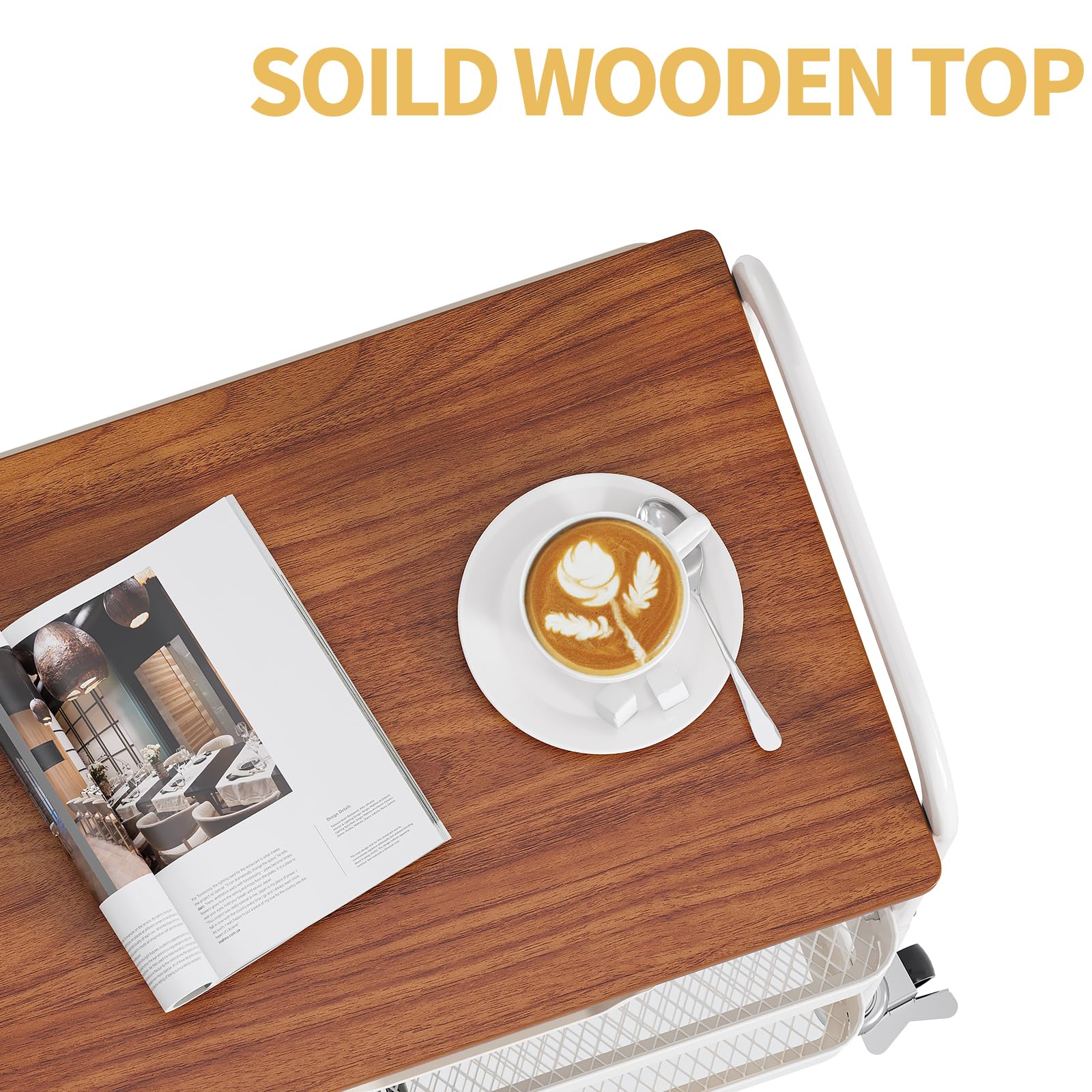 KINGRACK Rolling cart, 3-Tier Utility Storage Trolley with Wooden Board and Drawer, Metal Storage Cart with Handle, White Trolley Kitchen Organizer