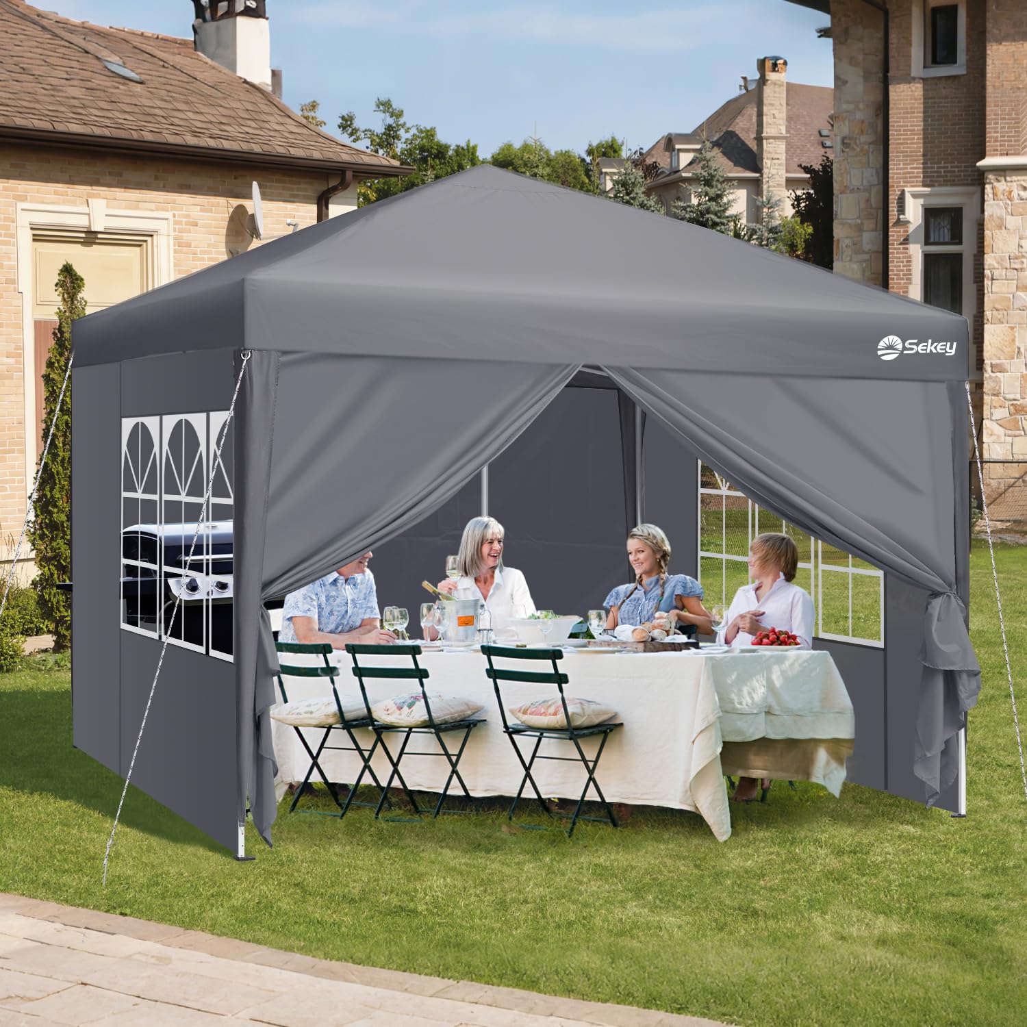 Sekey One-Touch Pop Up Gazebo with Sides 3m x 3m, Heavy Duty Gazebo with 4 Pack Gazebo Weights Bags, Instant Setup, Waterproof 1000mm (Grau, 3m x 3m without Sides)