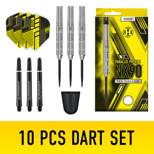Harrows NX90 Bomb & Parallel Shape Darts Set I Professional Darts 90% Tungsten Steel Tip ALL Weights Pro Darts I 10pc Set with Black Supergrip Midi