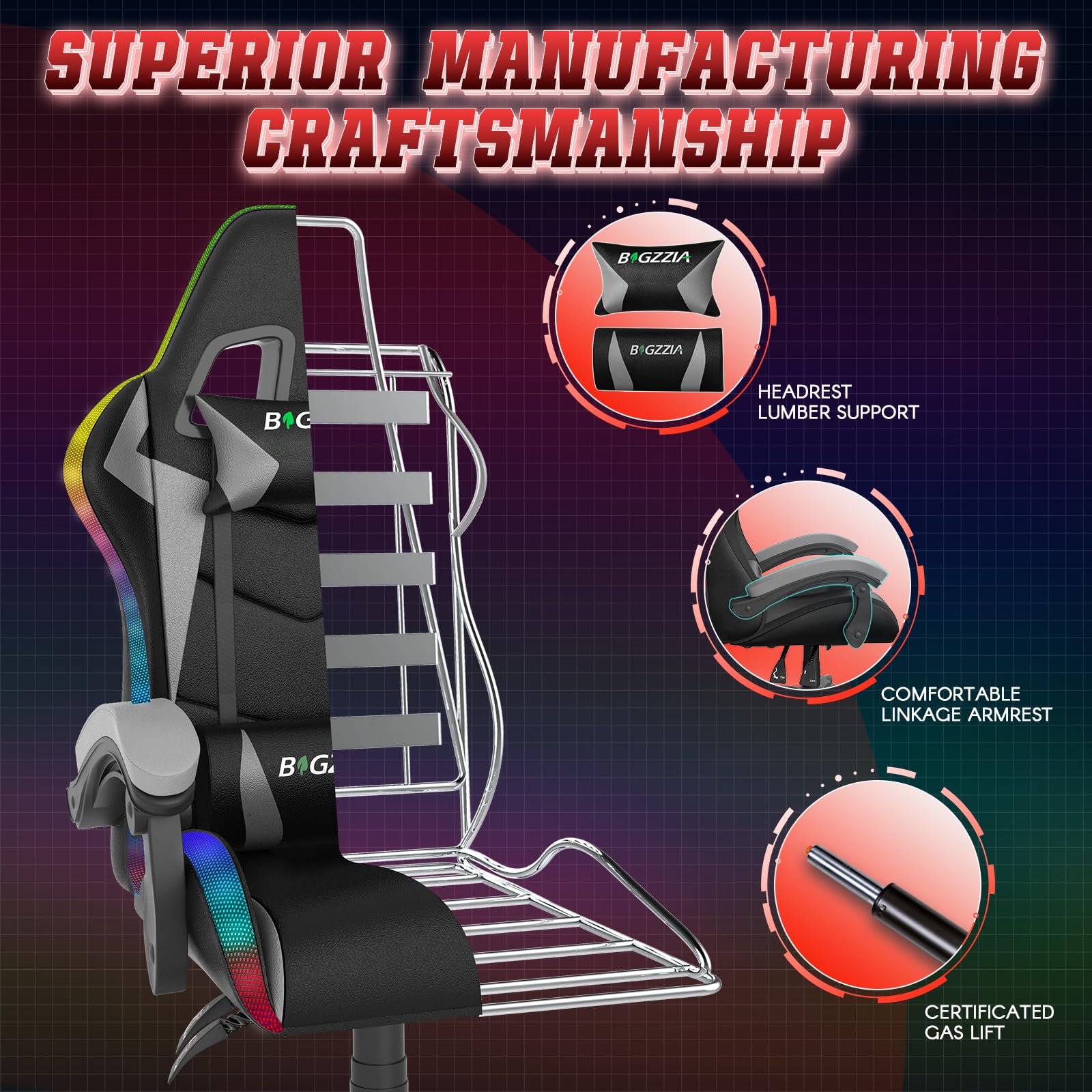 bigzzia RGB Gaming Chair with LED Lights and Ergonomic Computer Chair Reclining PU Leather High Back Video Game Chair with Headrest Adjustable Lumbar Support Linkage Armrest for Adults (Black/Grey)