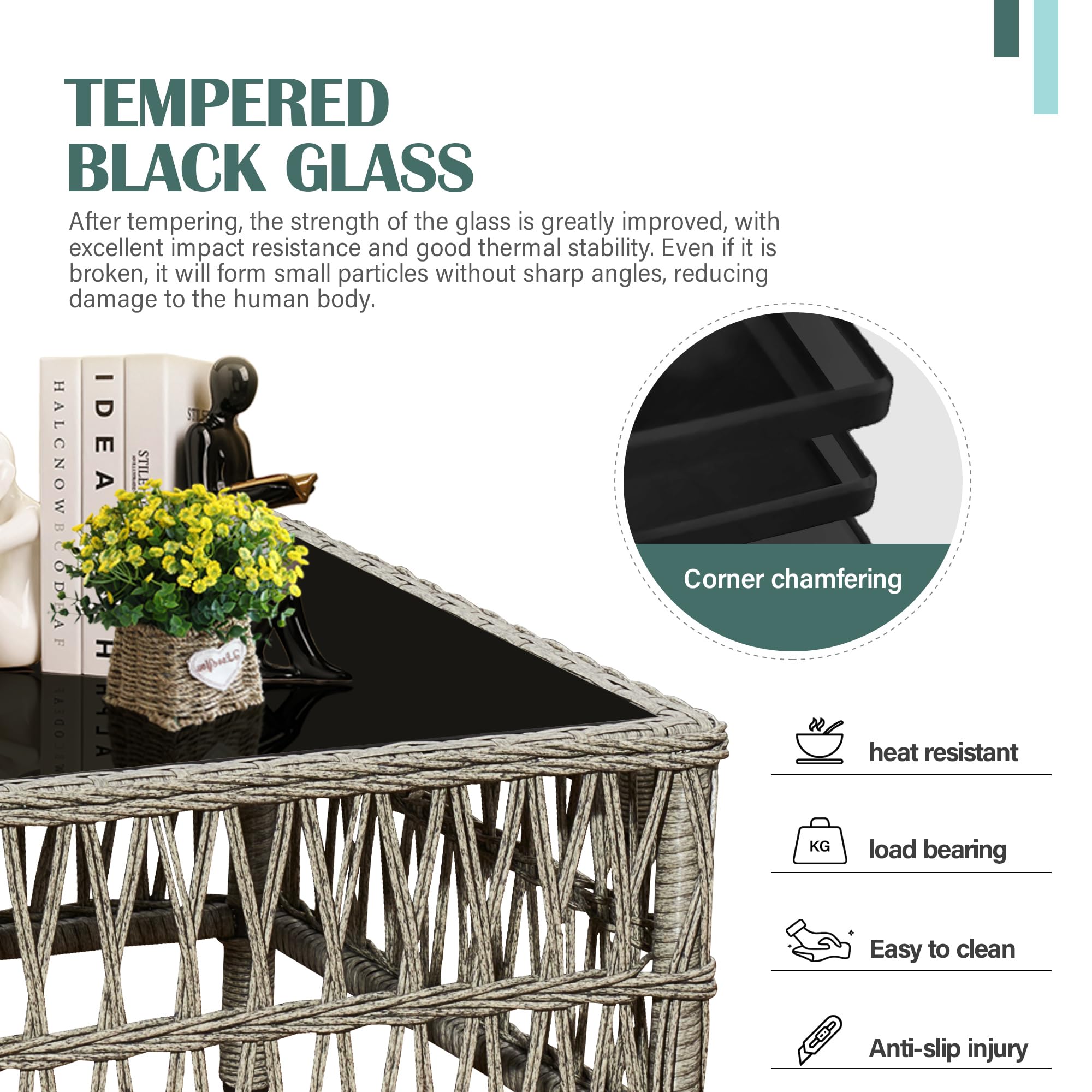 AOUXIN 3 Pieces Rattan garden furniture Patio Furniture Sets All Weather Outdoor Sectional Patio Sofa Manual Weaving Wicker Rattan Corner Sofa with Grey Cushions and Glass Table