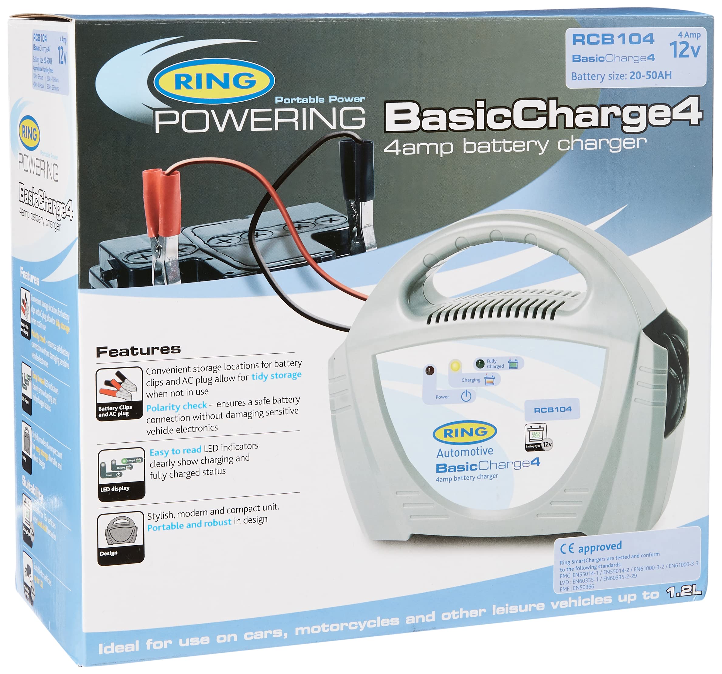 Ring RCB212, 12A Battery Charger, 12V Lead Acid and Gel Batteries, Vehicles up to 3.0L