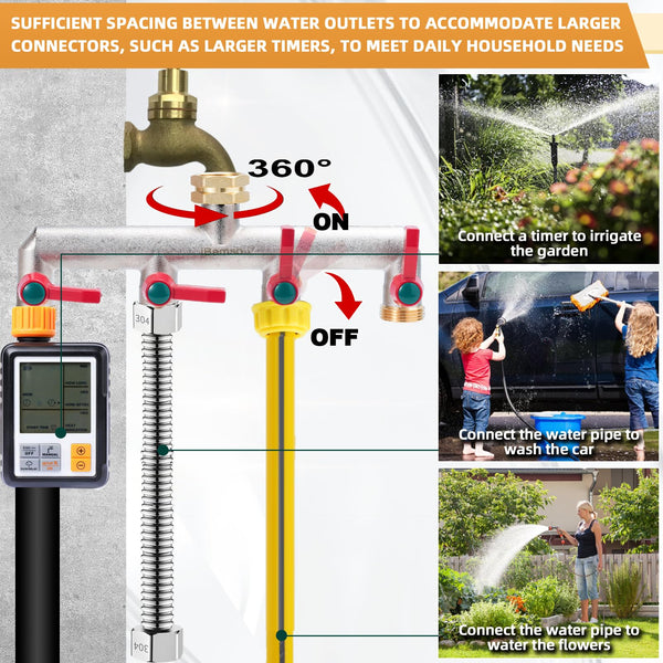 iBamso 4 Way Brass Hose Splitter, 3/4 Inch Tap Adapter Hose Pipe Tap Splitter Connection with 4 Individual Valves and Extended Handle for Outdoor