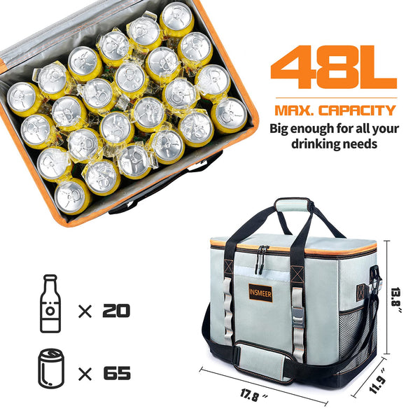 INSMEER Large Cooler Bag 65 Can, Soft Cooler Insulated 48L Foldable/Collapsible/Leakproof,with Opener&Removable Shoulder Strap, Portable Thermal Bag