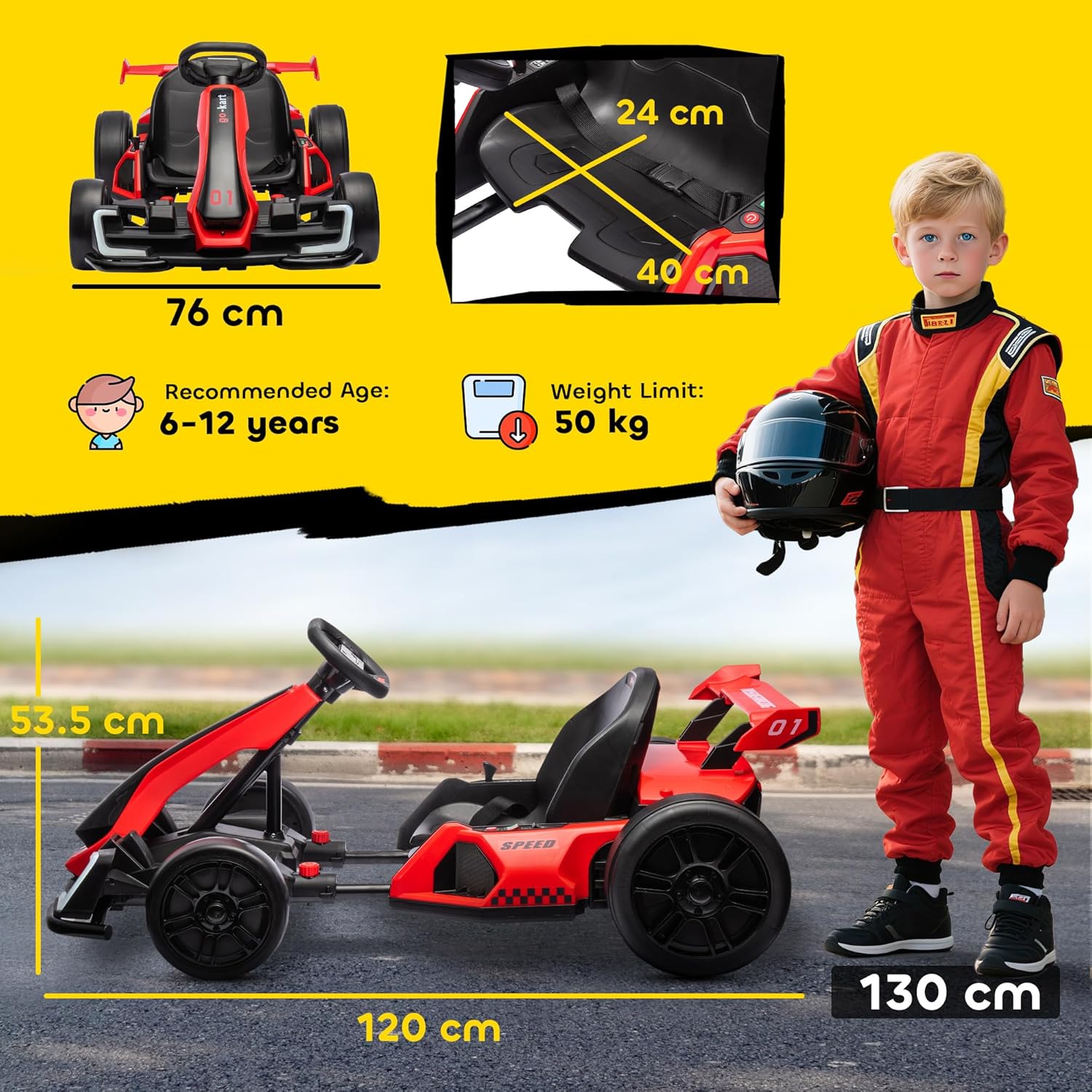 HOMCOM 24V Electric Go Kart for Kids, Ride On Racing Kart with Adjustable Seat, Battery Powered Drifting Ride On Car with Music, Light, Slow Start, Button Start, Horn, for 6-12 Years, Red