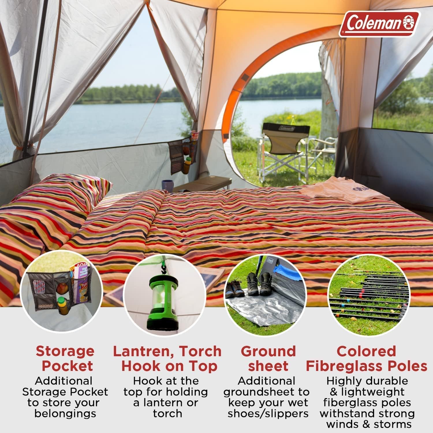 Coleman Tent Octagon, 6 Man Festival Dome Tent, 6 Person Family Camping Tent with 360° Panoramic View, Stable Steel Pole Construction, Sewn-in Groundsheet, 100 Percent Waterproof