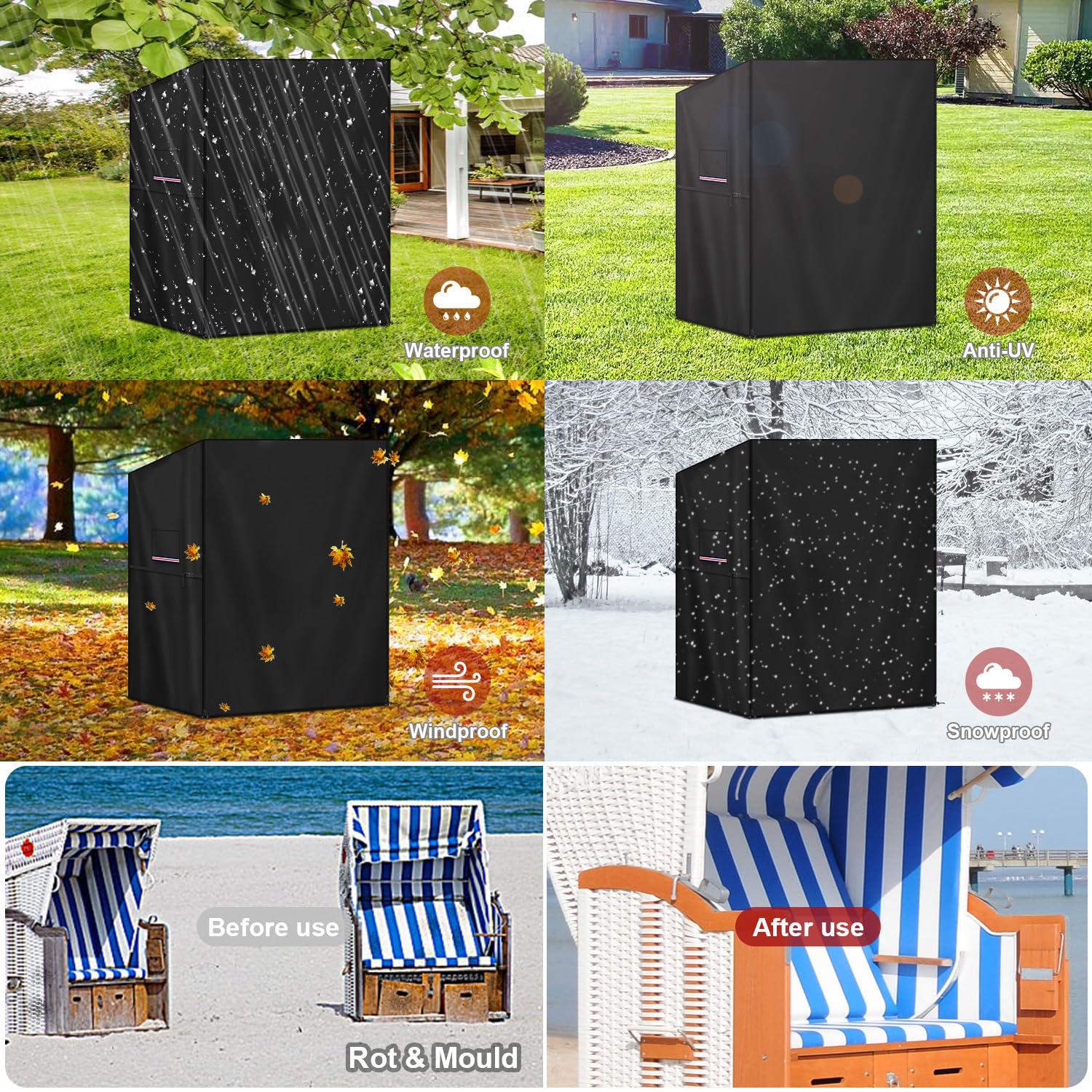 LAMUNI Beach Chair Cover Windproof Roofed Wicker Beach Chairs Covers, 420D Oxford Protective Cover for Beach Chairs Waterproof Outdoor Swinging Chair