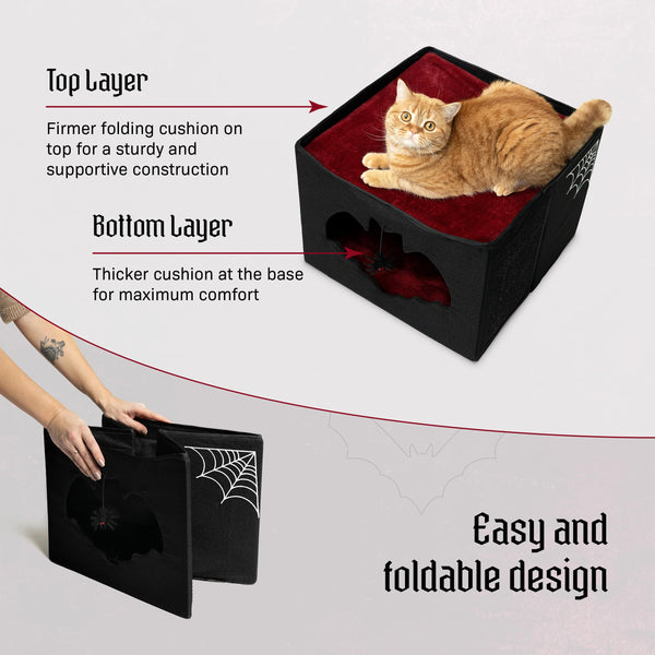 Gothic Cat Bed for Indoor Pets, Foldable Halloween House, 17x17x12.8, Bat Entry, Spider Toy, Scratch Pad, Soft Cushion, Gothic Style, Black & Red