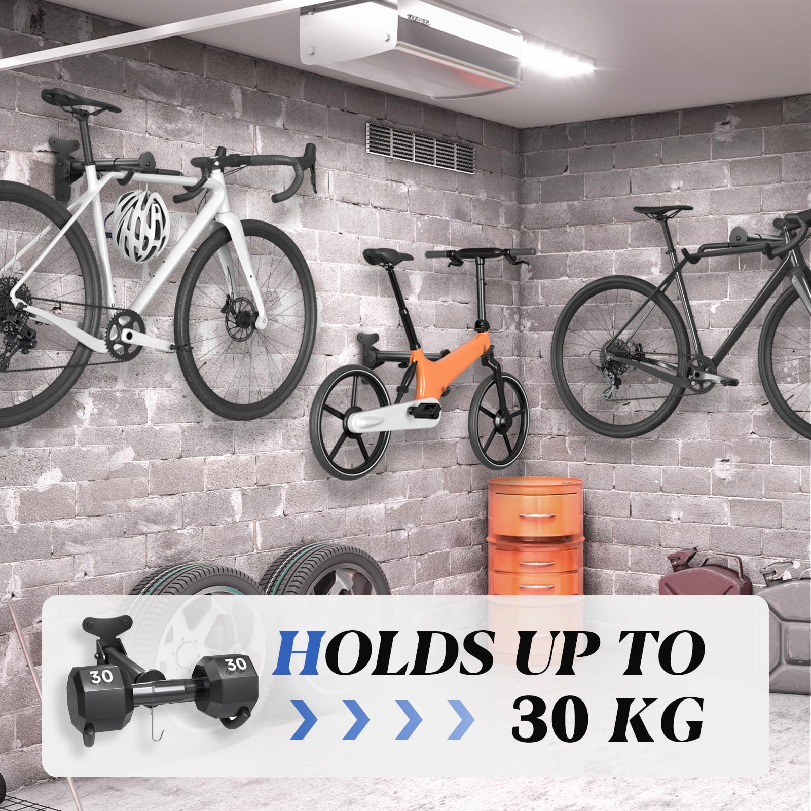 Bike Wall Mount, Bicycle Holder, Foldable Bike Rack, Adjustable Distance, with Helmet Hook, Bike Storage Rack for Garage and Indoor