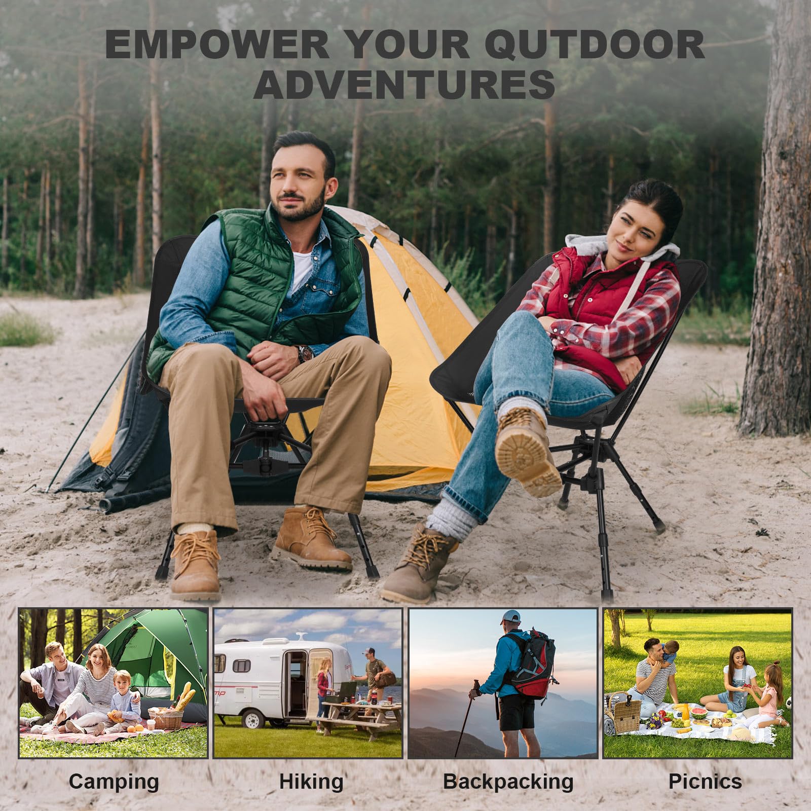 Portable Folding Camping Chair: Lightweight Height Adjustable Camping Chairs Stable Supports 330 Lbs with Side Pockets for Outdoor Camp, Travel, Beach, Lawn (Black)