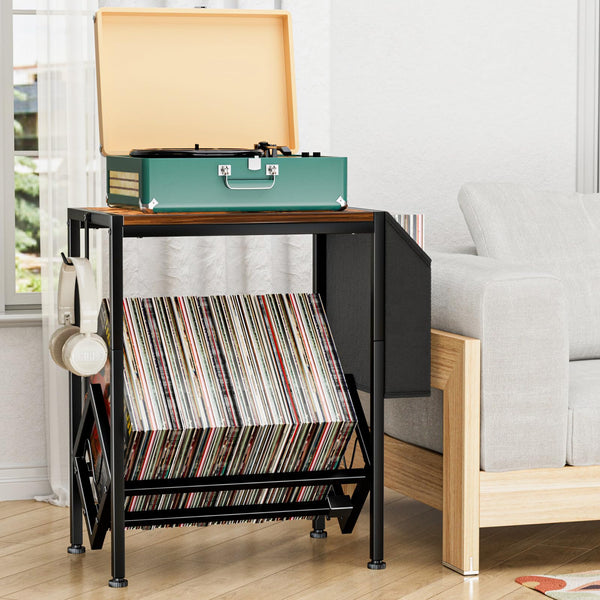 EKNITEY Vinyl Record Player Stand - Record Player Table with Storage Hold 80 Albums Turntable Stand with Organizer Pocket and Wheels