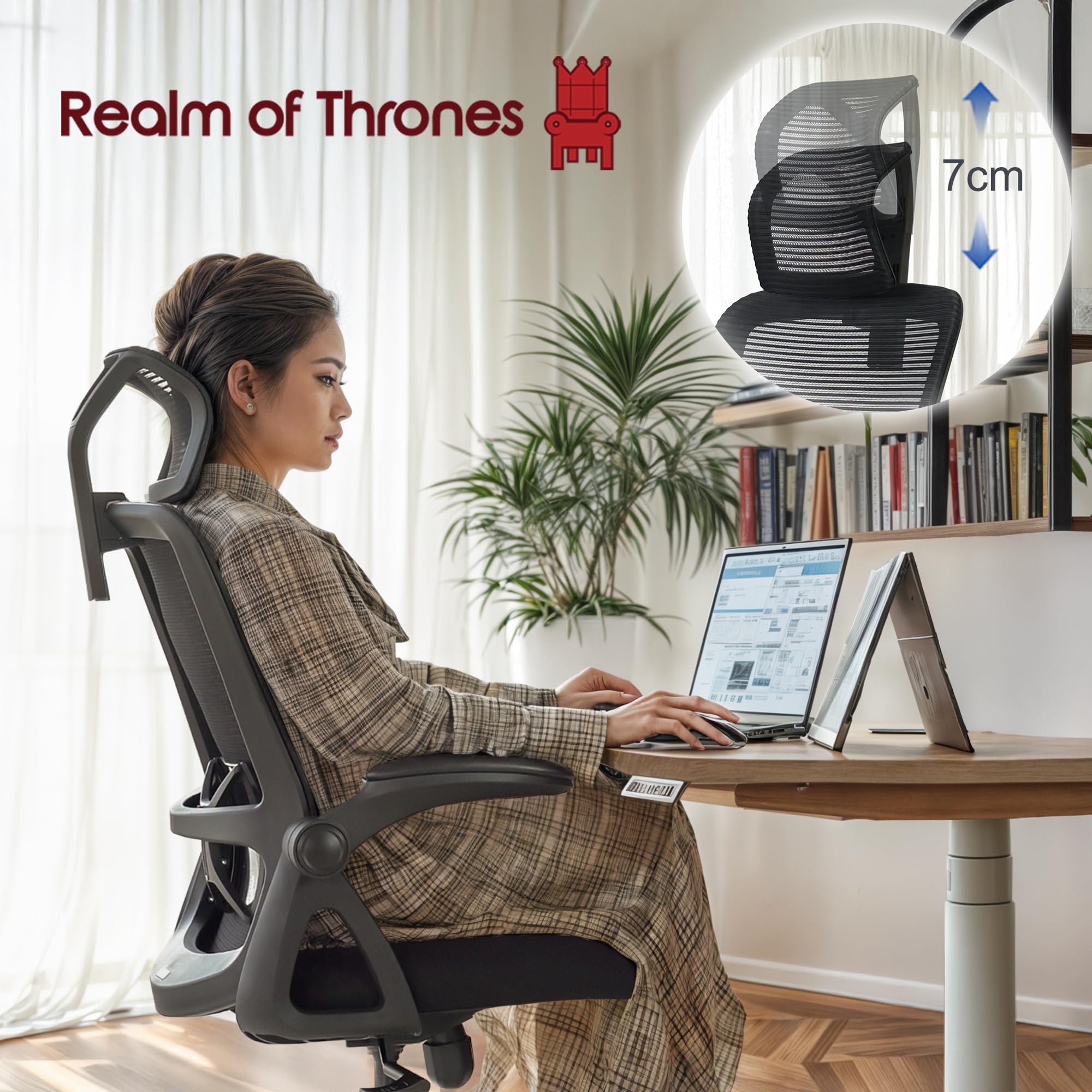 Realm of Thrones CAPTAIN Ergonomic Office Chair for Home, Heavy Duty Steel Base, Versatile Flip-up Armrests, Adjustable Lumbar Support, Mesh Back Comfort Cushion Seat for Computer Desk/Gaming (Black)