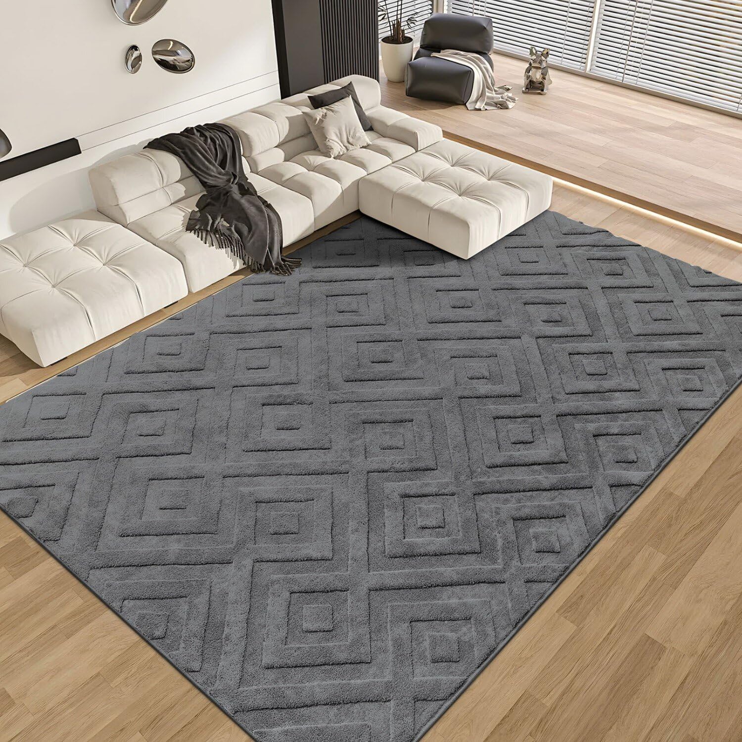 SHACOS Washable Rug for Living Room 160 x 230 cm Large Rug Modern Grey Area Rug for living room, Bedroom, Non-Slip Rug, Ultra Soft Shaggy Floor