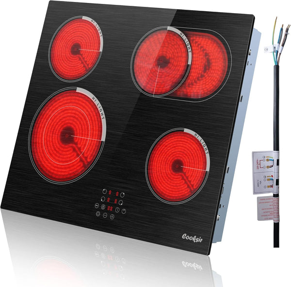 Cooksir Electric Hob 60cm, Ceramic Hob 4 Ring 6700W, Electric Hob 4 Zone with Expandable Dual and Oval Zone, Built-in Hob with Frame, Timer, Safety Lock, 220-240V(No Plug)