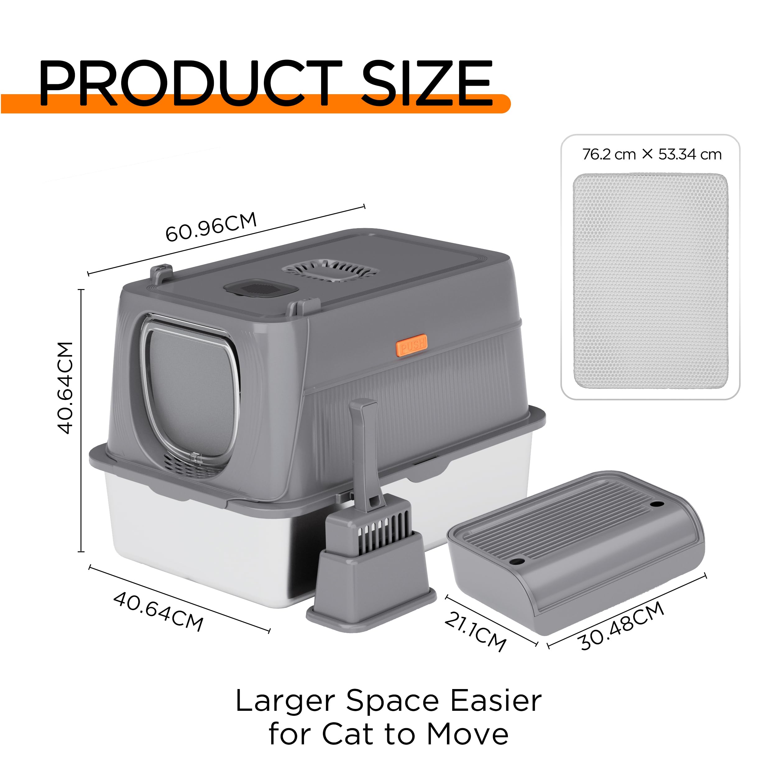 Citylife XL Stainless Steel Cat Litter Box with Lid, Extra Large Enclosed Removable Metal Litter Tray with Litter Scoop&Double Layer Litter Mat, Non-Sticky, Non-Odor, Easy Cleaning, for Big Cats