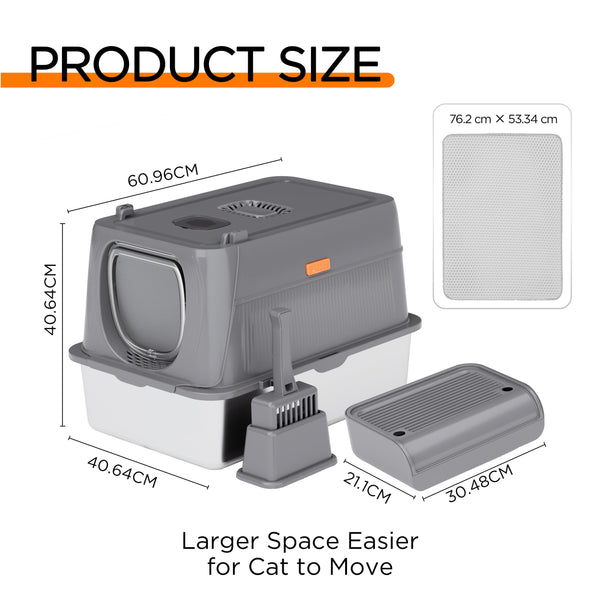 Citylife XL Stainless Steel Cat Litter Box with Lid, Extra Large Enclosed Removable Metal Litter Tray with Litter Scoop&Double Layer Litter Mat, Non-Sticky, Non-Odor, Easy Cleaning, for Big Cats