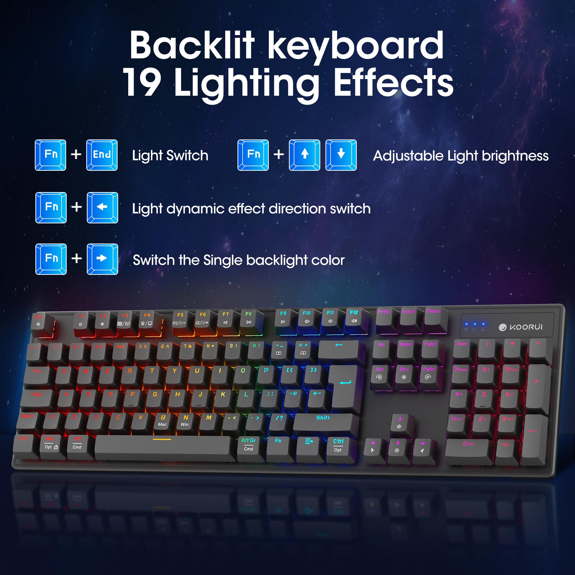 KOORUI 60% Mechanical Gaming Keyboard, Mixed Colors LED Backlit Ultra-Compact 69 Keys, Mini Wired Keyboard with Blue Switch for Windows Laptop PC/Mac OS/Xbox-BLACK(Blue Switch)