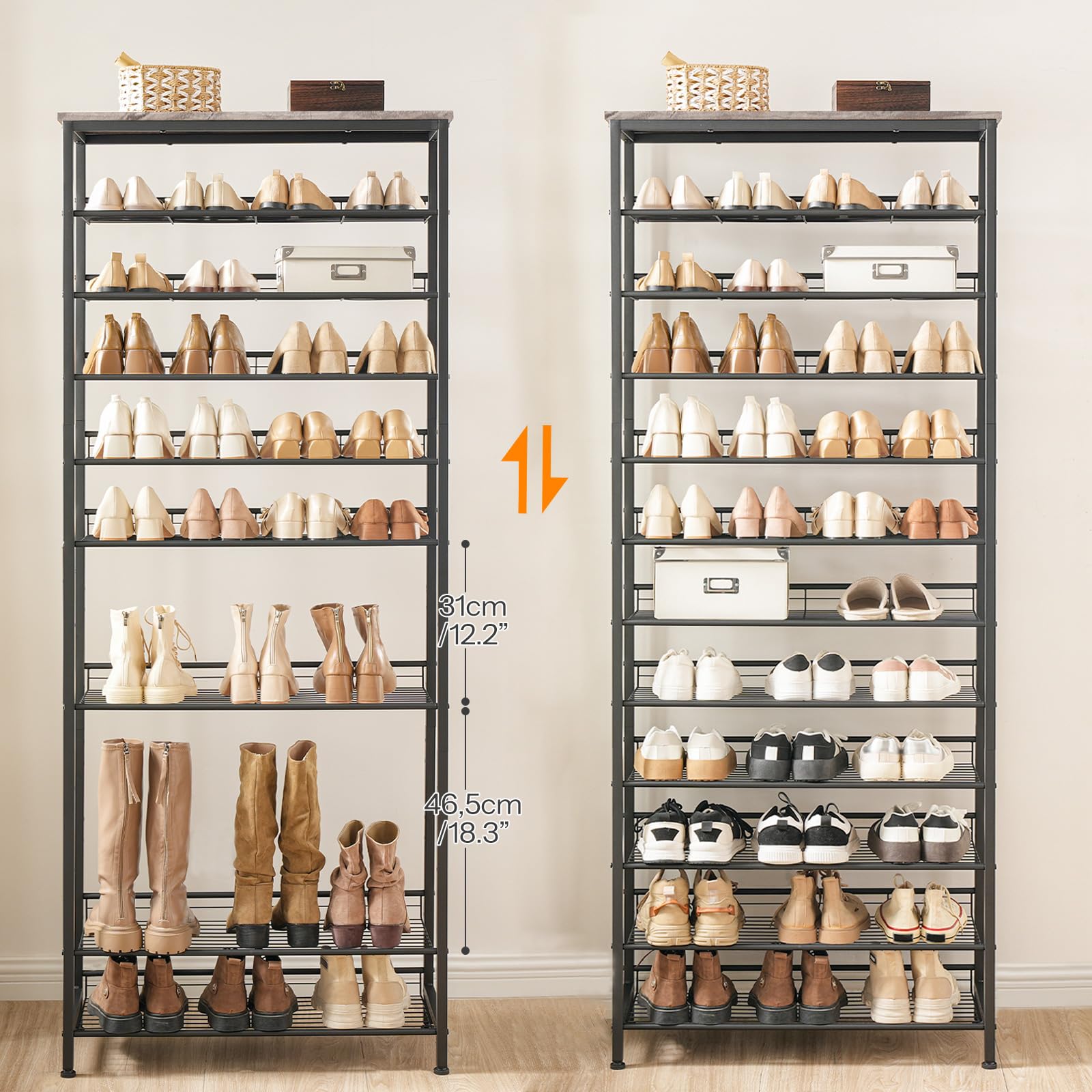 HOOBRO Tall Shoe Rack, Large Capacity Shoe Storage Organizer, 12-Tier Shoe Rack for 44-55 Pairs of Shoes, 75 x 28.5 x 194.5cm, Adjustable Metal