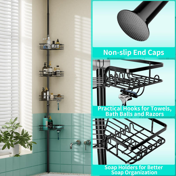 HapiRm Telescopic Shower Caddy - Bathroom Corner Shower Caddy with 4 Tier & 22 hooks, No Drilling Adjustable Storage Organiser, Rustproof Shower Shelf