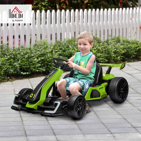 HOMCOM 24V Electric Go Kart for Kids, Ride On Racing Kart with Adjustable Seat, Battery Powered Drifting Ride On Car with Music, Light, Slow Start, Button Start, Horn, for 6-12 Years, Green