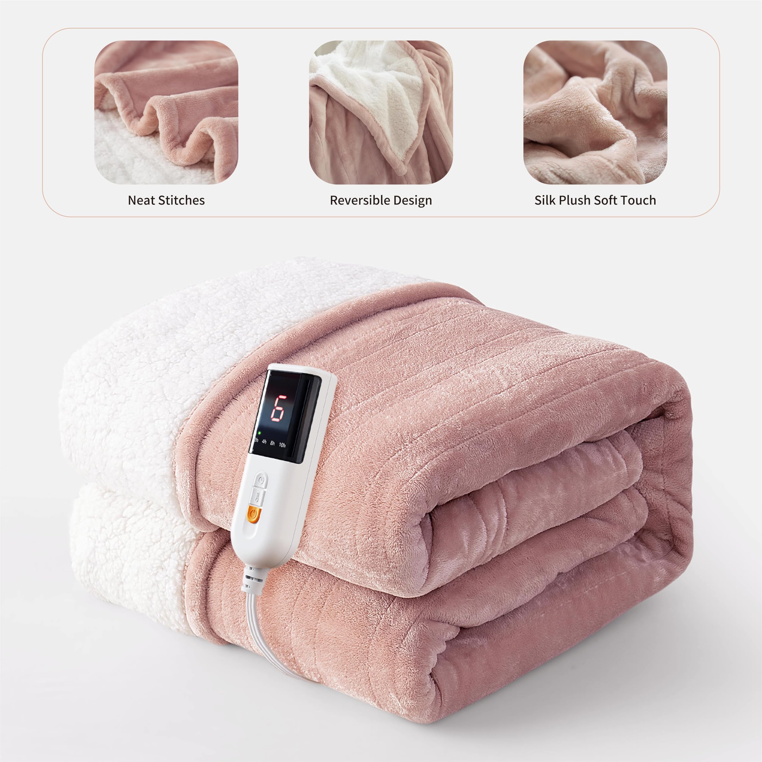 GOTCOZY Heated Blanket Electric Throw 130x160cm -Soft Silky Plush Heated Blanket with 6 Heat Settings & 10 Hours Auto-Off Timer For Home Office Use