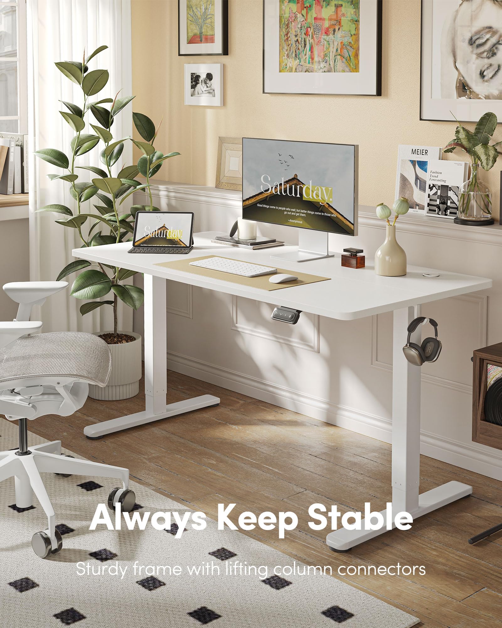 FEZIBO Height Adjustable Electric Standing Desk, 120 * 60 cm Stand up Table, Sit Stand Home Office Desk with Splice Board, White Frame/Maple Top