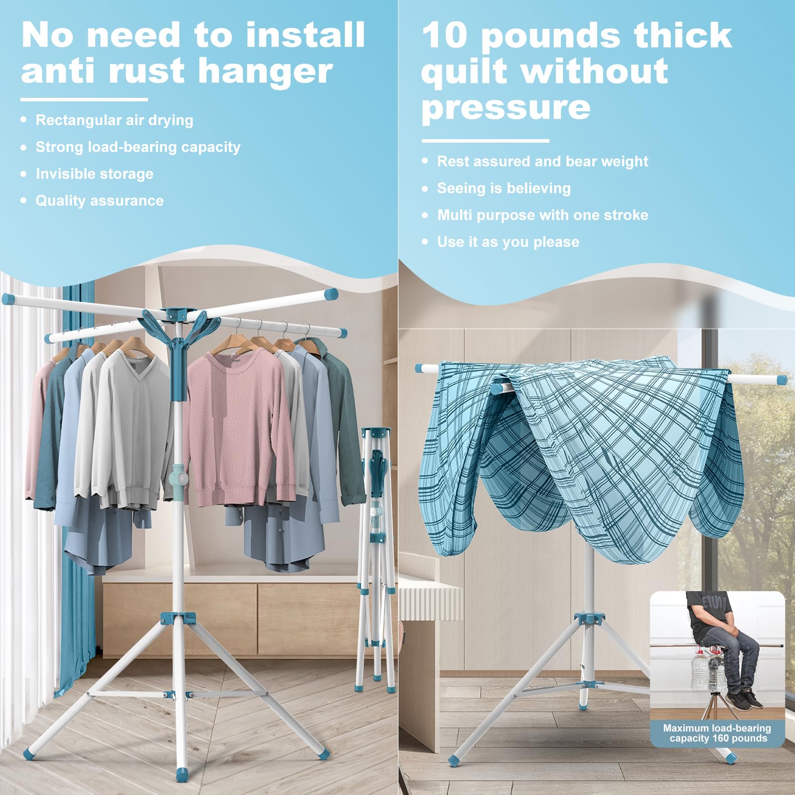 AISIR Clothes Airer Clothes Drying Rack Indoor Outdoor, Clothes Horse Laundry Racks Foldable with 4 Arms for Hangers, Adjustable Height 110-180cm.