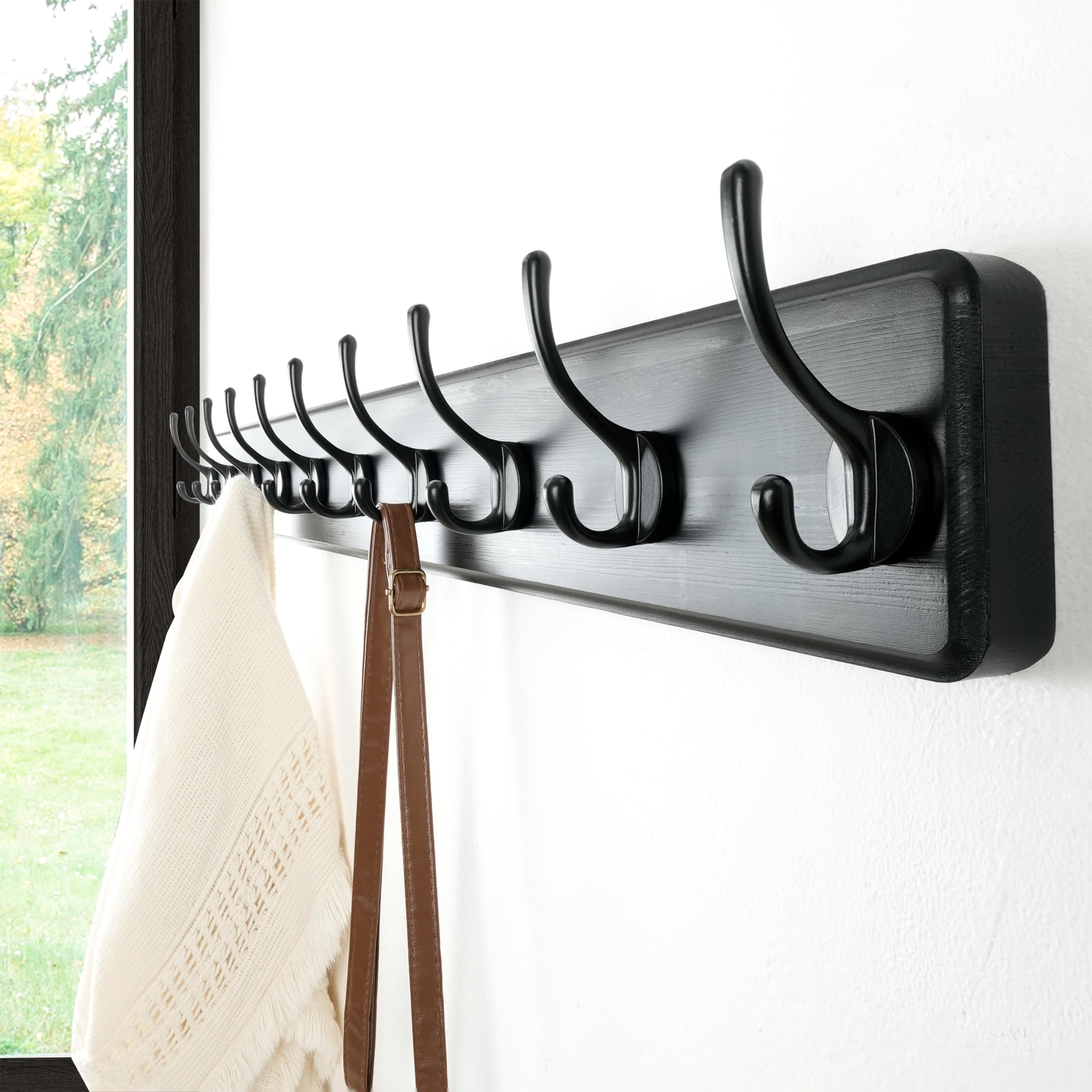 Dseap Coat Rack Wall: 97cm Long, Patented, Heavy-Duty, 10-Double-Hooks Wooden Wall Mounted Coat Rack Coat Hanger Hook Rail for Winter Coats Hat Jacket