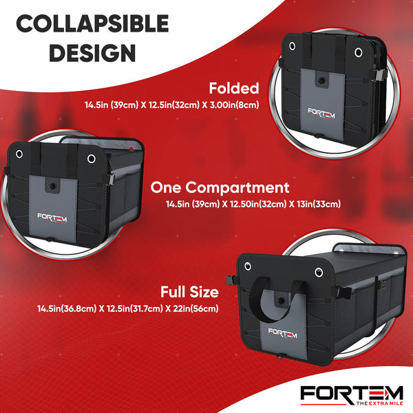 FORTEM Car Boot Organiser, SUV Boot Tidy, Trunk Storage, Collapsible Multi Compartment Car Organiser, Non Slip Bottom, Adjustable Securing Straps, Foldable Cover (65L)