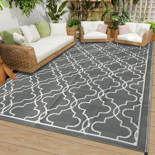 Cekene Large Outdoor Rug Waterproof Black 245x305cm Patio Rugs Reversible RV Camping Mat Lightweight Plastic Portable Outdoor Carpet for Picnic Porch Deck Backyard BBQ Beach