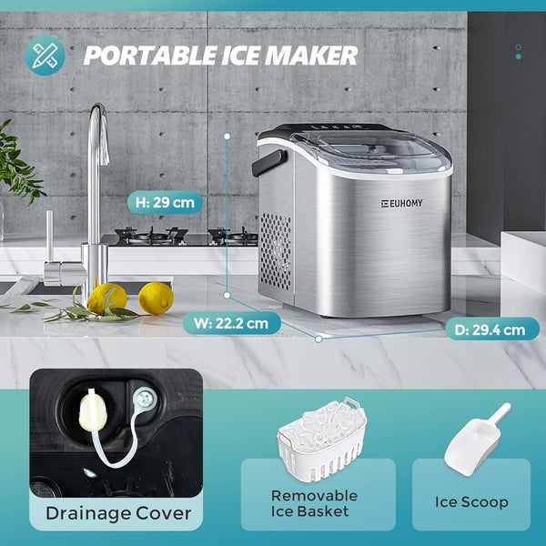 Ice Maker Machine Countertop Ice Cube Maker with Portable Handle, 9 Ice Cubes in 6 Mins, Self-Cleaning Compact Ice Maker 12 kg in 24 Hrs, with Ice Scoop and Basket for Home/Kitchen/Office/Bar