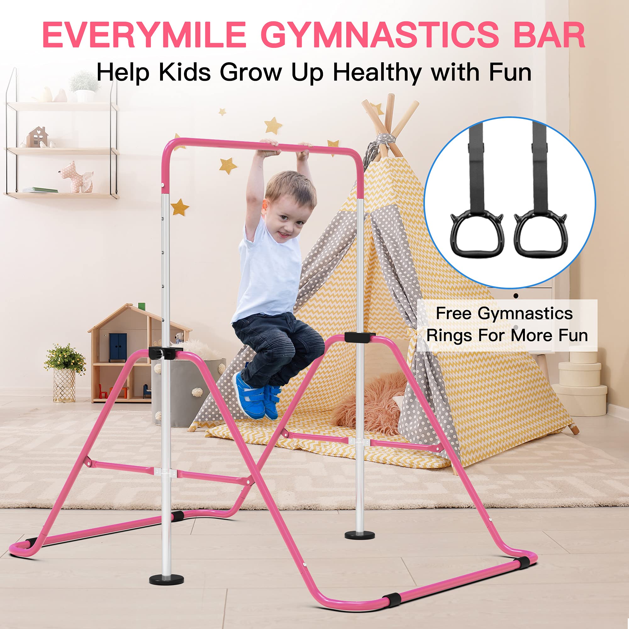 EVERYMILE Gymnastics Bars, Junior Training Kip Bar Gymnastics Equipment for Home,Adjustable Height Folding Horizontal Bar with Gymnastic Rings for Kid