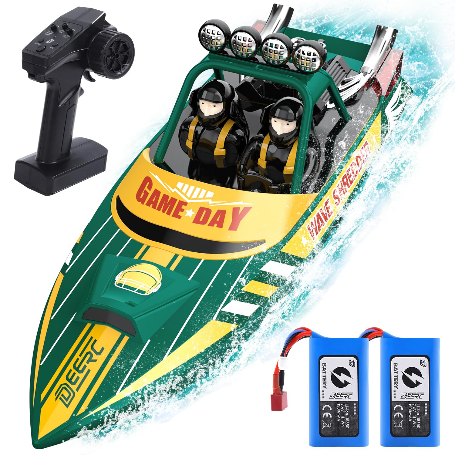 DEERC Fast Brushless RC Shark Boat for Adults, 30+MPH 3S High Speed Remote Control Speed Boat with LED Lights, Summer Toy Gift for Kids