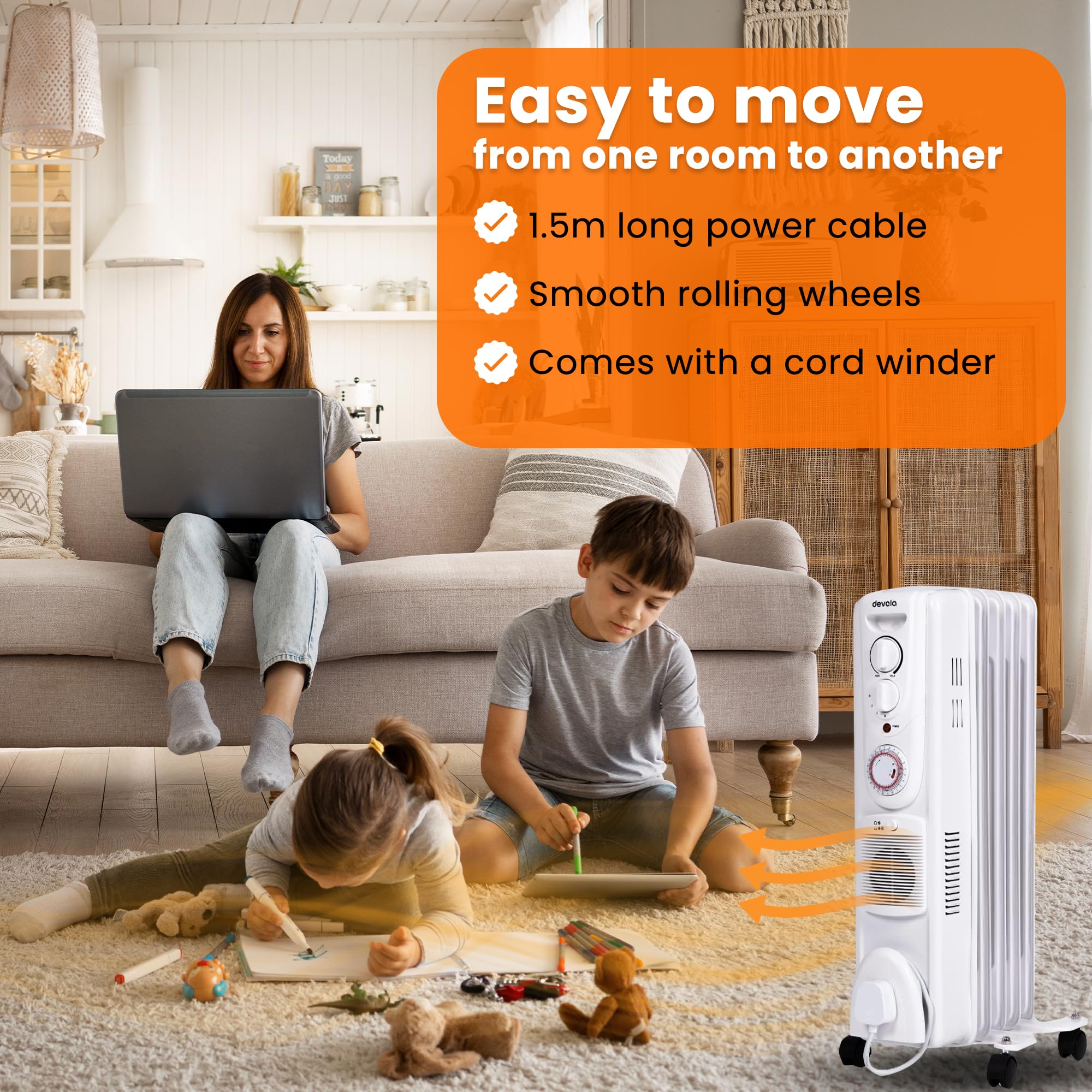 Devola 1500W 5 Fin Oil Filled Radiator, Low Energy Electric Heater with Thermal Fuse for Overheat Cut Off, Adjustable Heating Dial, Turbo Heating Option via PTC Fan, 24 Hour Timer - DVSOR5F15W (White)