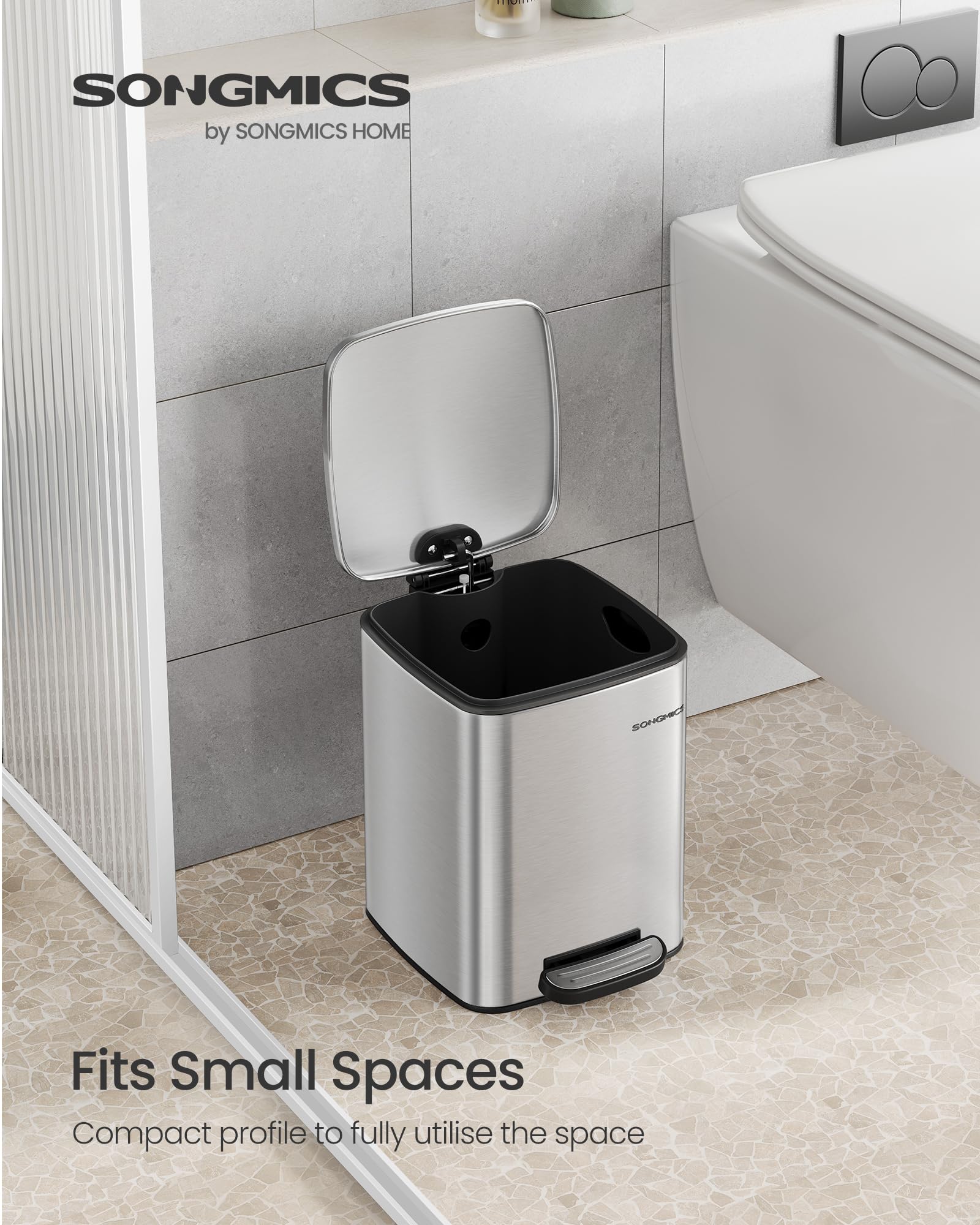 SONGMICS Kitchen Bin, 8-Gallon (30 L) Trash Bin, Steel Pedal Bin, with Inner Bucket, Soft Close and Stays Open, Metallic Silver LTB593E01