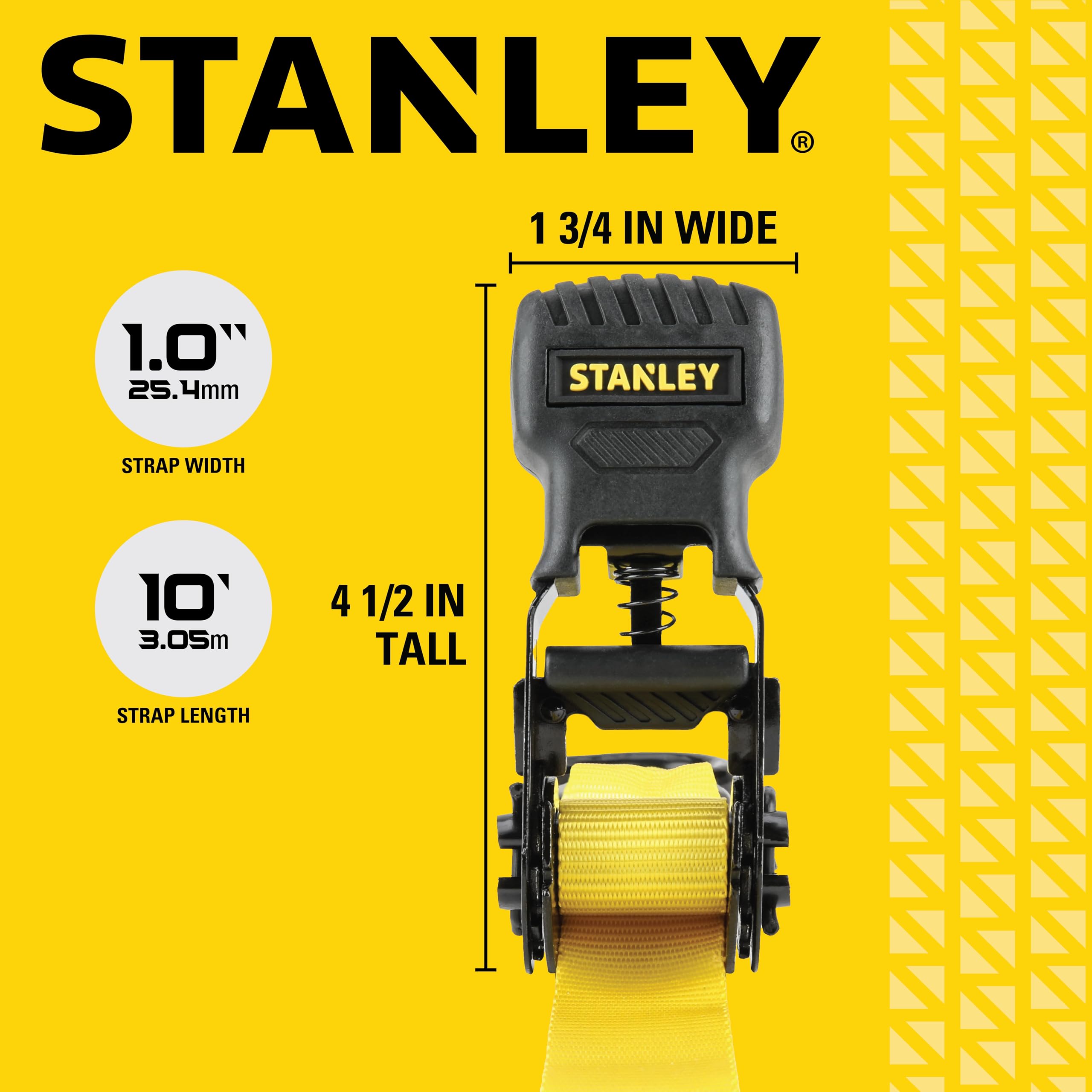 STANLEY S1007 Black/Yellow 1.5" x 16' Ratchet Tie Down Straps - 1,100 lb Safe Working Load / 3,300 lb Break Strength, 2 Pack