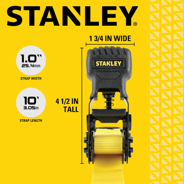 STANLEY S1007 Black/Yellow 1.5" x 16' Ratchet Tie Down Straps - 1,100 lb Safe Working Load / 3,300 lb Break Strength, 2 Pack