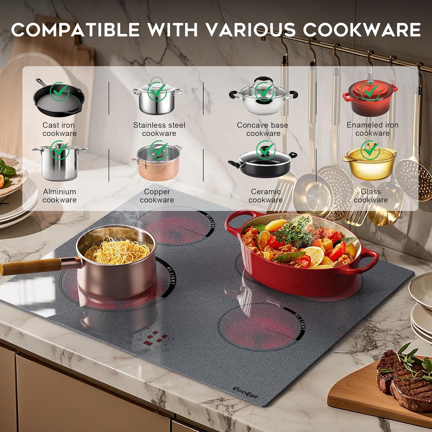 Cooksir Electric Hob 60cm, Ceramic Hob 4 Ring 6700W, Electric Hob 4 Zone with Expandable Dual and Oval Zone, Built-in Hob with Frame, Timer, Safety Lock, 220-240V(No Plug)