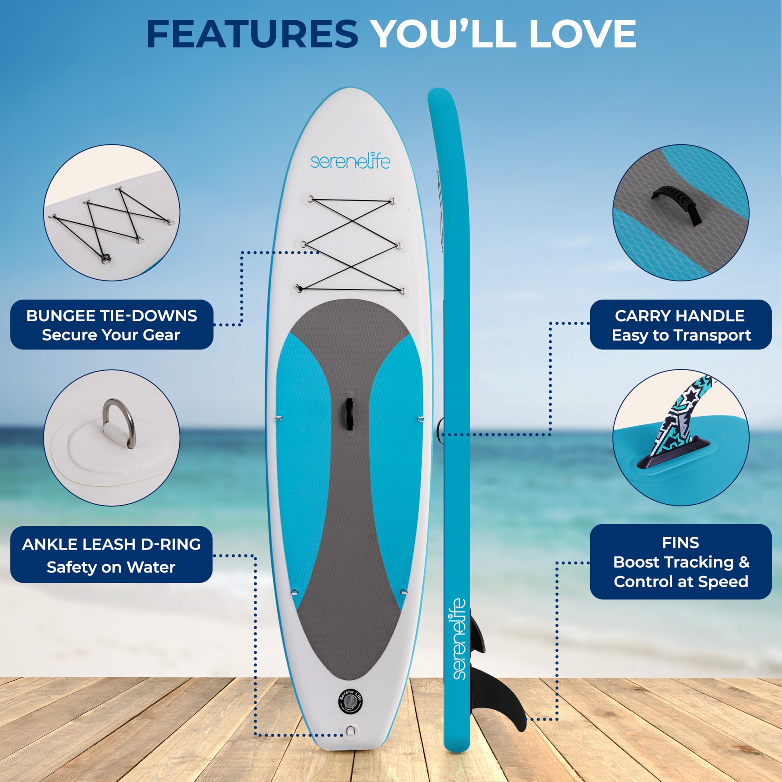 SereneLife Inflatable Stand Up Paddle Board, SUP Board- Paddleboards for Adults & Youth, Surfing Board Kit, 0.63cm Thick Standup Paddleboarding, Non-Slip Deck, Wide Stance, Surf Control w/Backpack