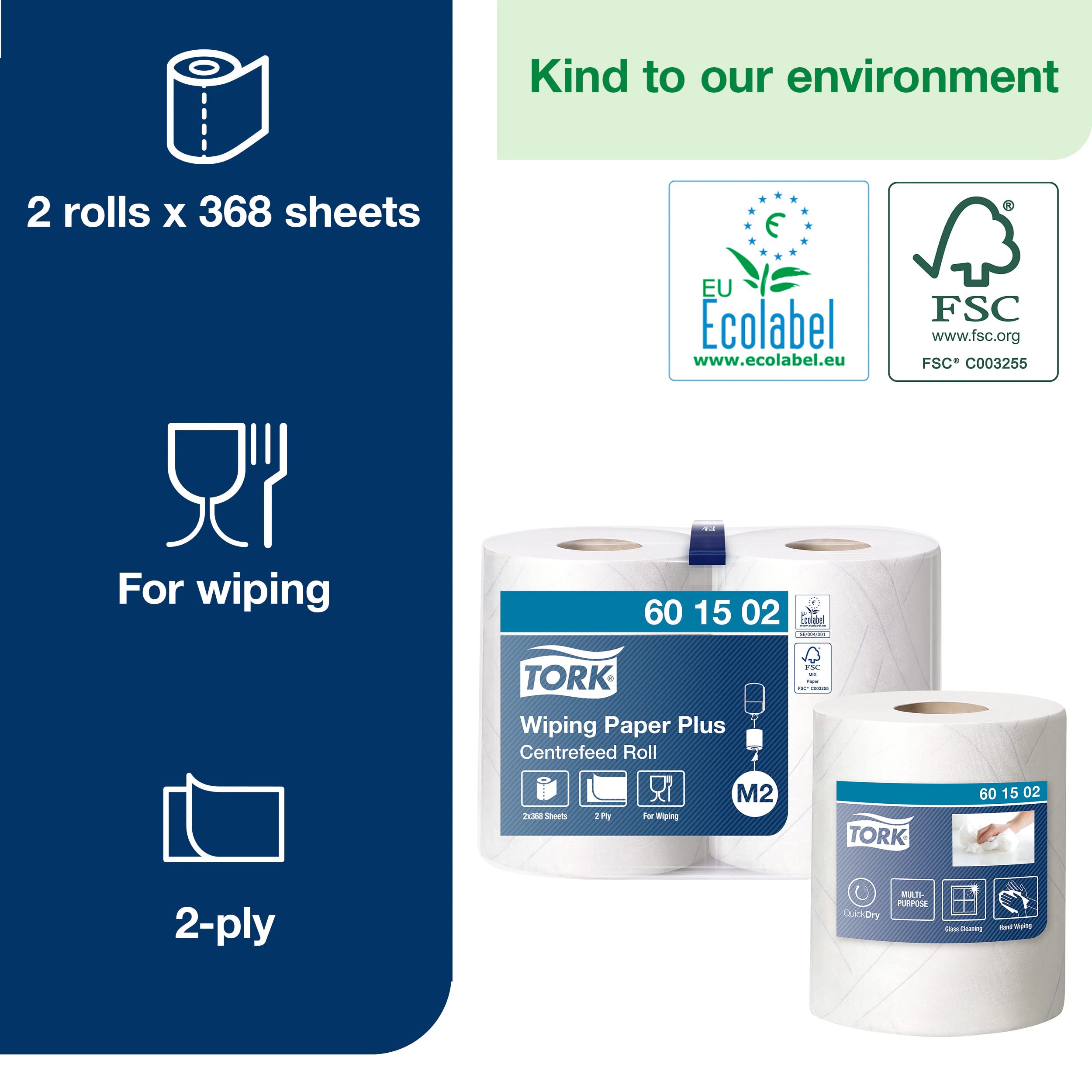 Tork 130070 Heavy-Duty Wiping Paper / 2 Ply Absorbent Paper Roll Suitable for Tork W1 Wipers Wall/Floor/Standard System / Blue / 1 x 340m / Ø 37.5cm
