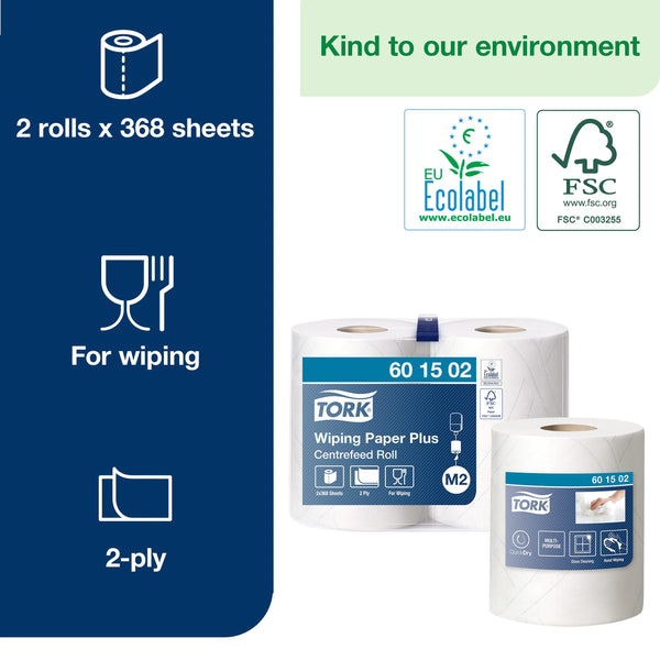 Tork 130070 Heavy-Duty Wiping Paper / 2 Ply Absorbent Paper Roll Suitable for Tork W1 Wipers Wall/Floor/Standard System / Blue / 1 x 340m / Ø 37.5cm