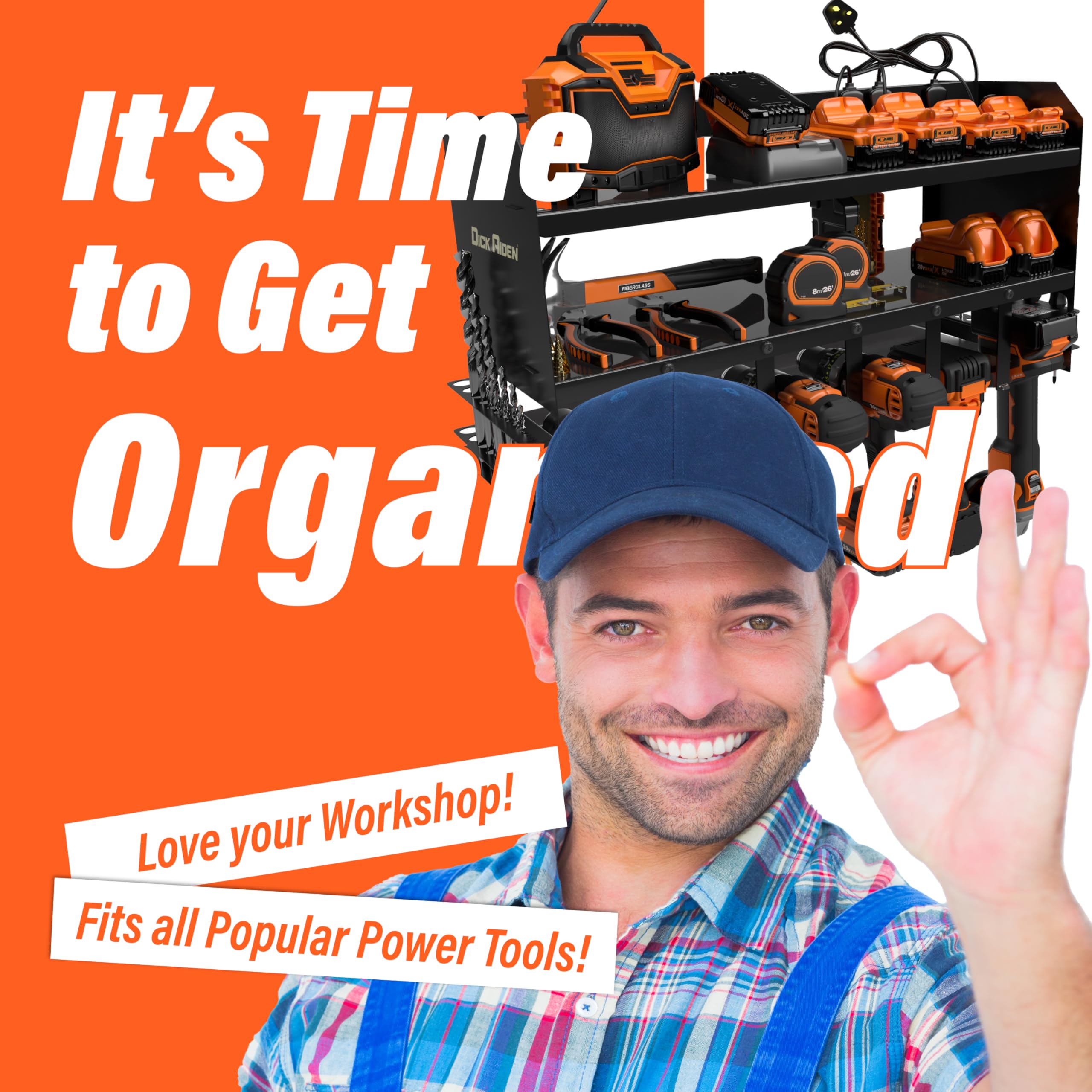 Toolganize Power Tool Organiser, Storage Rack with Power Strip Charging Station, Heavy-Duty for Workshop & Garage Tools - 4 Slot, Milwaukee Red.