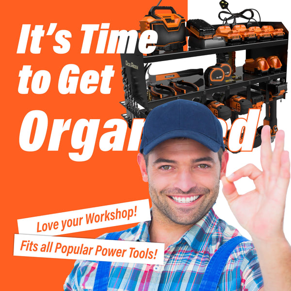 Toolganize Power Tool Organiser, Storage Rack with Power Strip Charging Station, Heavy-Duty for Workshop & Garage Tools - 4 Slot, Milwaukee Red.